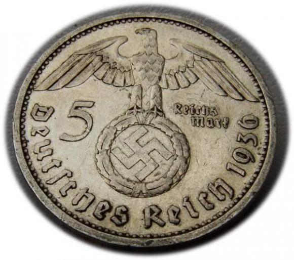 5 marek 1936 Paul von Hindenburg / swastyka, Berlin (2)