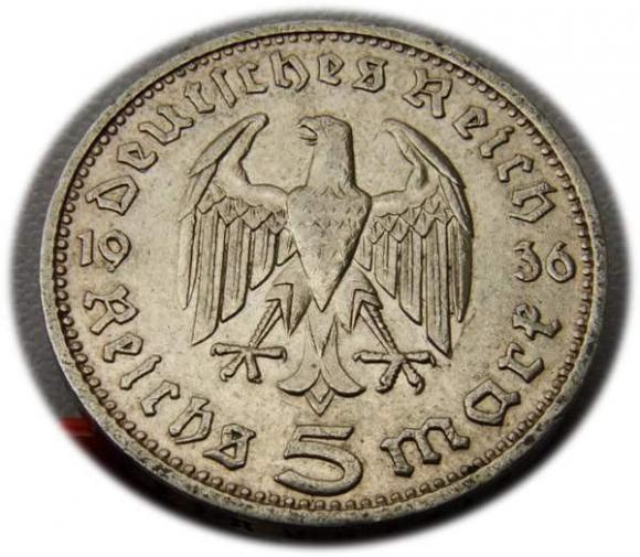 5 mark 1936 D Paul von Hindenburg / prussian eagle Munich
