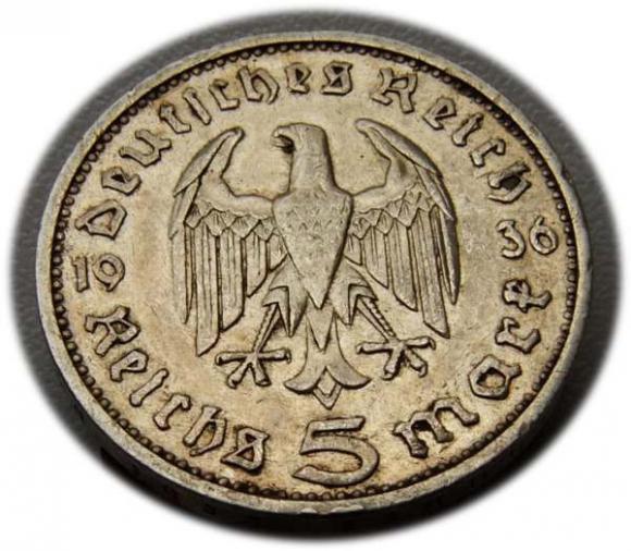 5 mark 1936 E Paul von Hindenburg / prussian eagle Muldenhutten