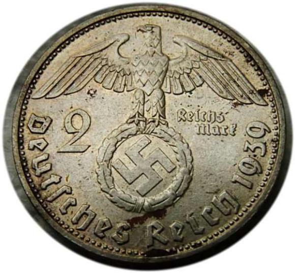 2 marki 1939 Paul von Hindenburg / swastyka Monachium (2)