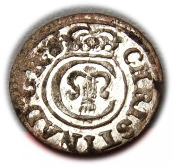 Szeląg 1649 Krystyna Waza Ryga (1)