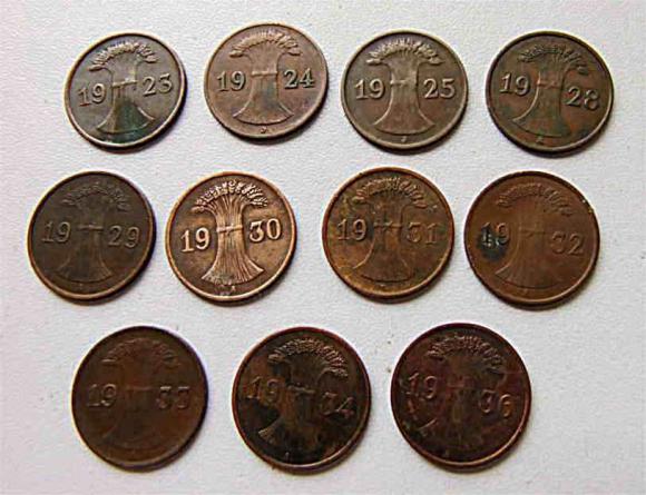 Zestaw reichspfennig i rentenpfennig 11 sztuk Niemcy (2)