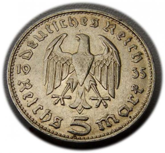 5 marek 1935 Paul von Hindenburg / orzeł pruski Monachium (2)