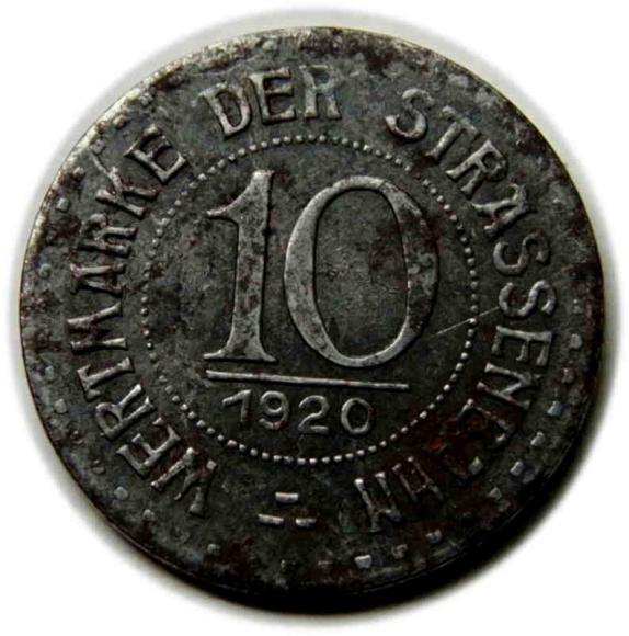 Żeton tramwajowy 10 fenigów 1920 Wrocław / Breslau (1)