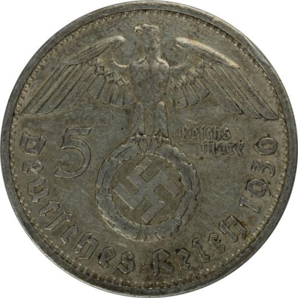 5 mark 1936 D Paul von Hindenburg / swastika Germany Munich (2)