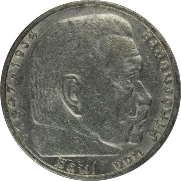 5 mark 1936 D Paul von Hindenburg / swastika Germany Munich (1)
