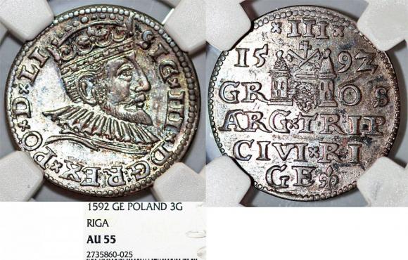 Trojak 1592 Zygmunt III Waza Ryga AU 55 (1)