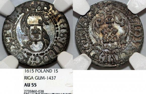 Szeląg 1615 Zygmunt III Waza Ryga AU 55 (1)