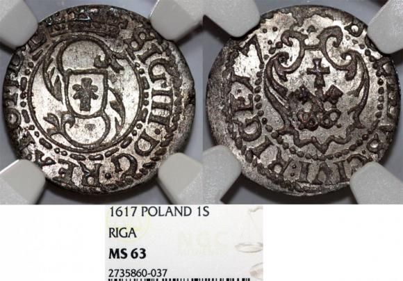 Szeląg 1617 Zygmunt III Waza Ryga MS 63 R5 (1)