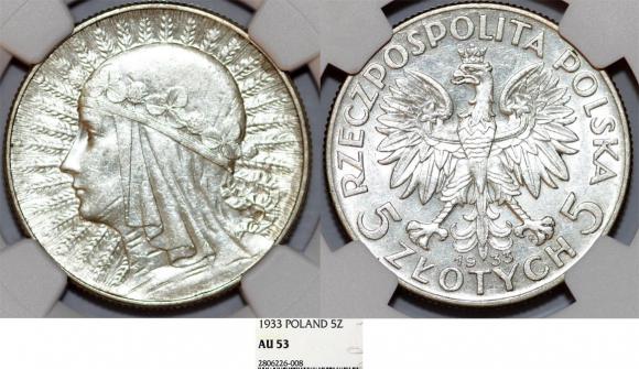5 złotych 1933 Głowa Kobiety srebro AU 53 (1)
