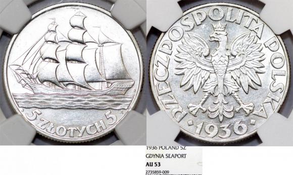 5 złotych 1936 Statek Żaglowiec srebro AU 53 (1)