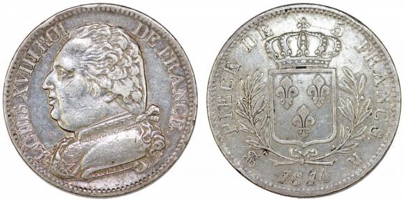 5 franków 1814 M Ludwik XVIII srebro (1)