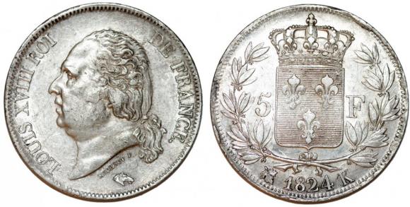 5 franków 1824 K Ludwik XVIII Francja Bordeaux (1)