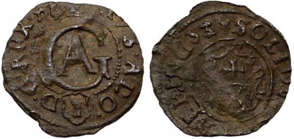 Szeląg 1633 Gustaw Adolf Elblag przebitka! (1)