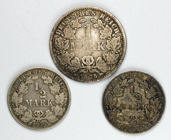 Set of 3 coins: 1 mark 1875 D, 1/2 mark 1905 A, 1/2 mark 1906 D Germany (1)