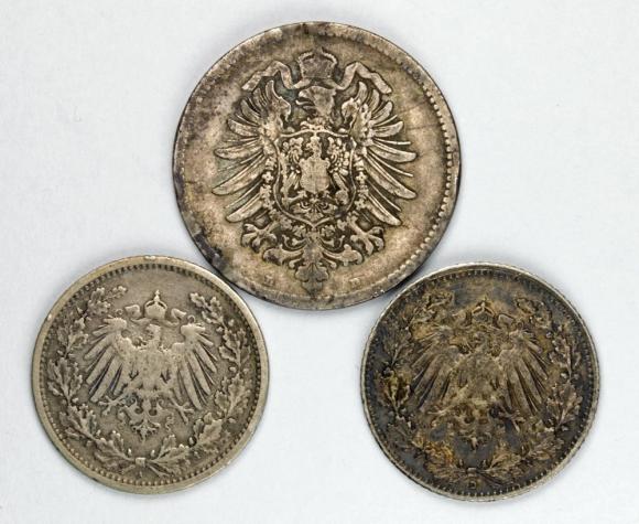 Set of 3 coins: 1 mark 1875 D, 1/2 mark 1905 A, 1/2 mark 1906 D Germany (2)