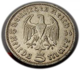 Picture 2 for: 5 mark 1936 D Paul von Hindenburg / prussian eagle Munich