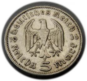 Picture 2 for: 5 mark 1936 D Paul von Hindenburg / prussian eagle Munich