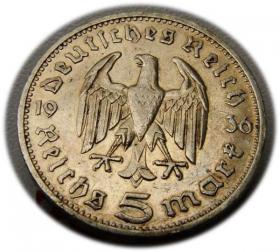 Picture 2 for: 5 mark 1936 G Paul von Hindenburg / prussian eagle Karlsruhe