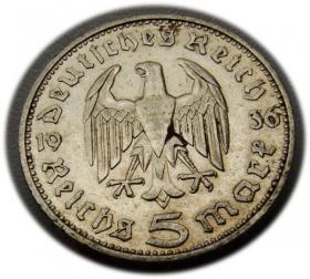 Picture 2 for: 5 mark 1936 J Paul von Hindenburg / prussian eagle Hamburg