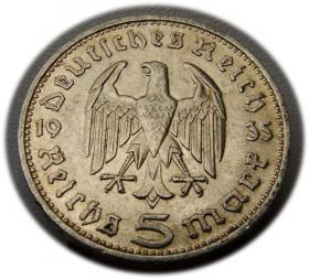 Picture 2 for: 5 mark 1935 D Paul von Hindenburg / prussian eagle Munich