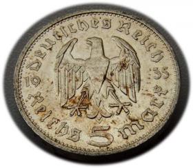 Picture 2 for: 5 mark 1935 F Paul von Hindenburg / prussian eagle Stuttgart