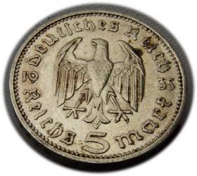 Picture 2 for: 5 mark 1935 F Paul von Hindenburg / prussian eagle Stuttgart