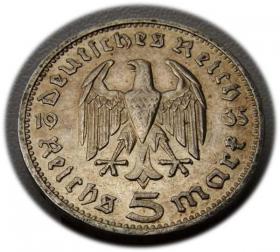 Picture 2 for: 5 mark 1935 G Paul von Hindenburg / prussian eagle Karlsruhe
