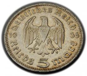 Picture 2 for: 5 mark 1936 D Paul von Hindenburg / prussian eagle Munich