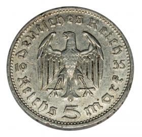 Picture 2 for: 5 mark 1935 D Paul von Hindenburg / prussian eagle Munich